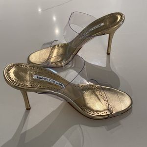 Manolo Blahnik clear heels with gold footbed, size 36 = US 6